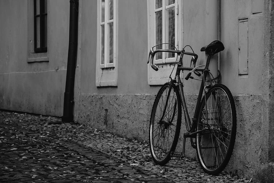 old, round, b w photography, bicycle, the streets of prague, HD wallpaper