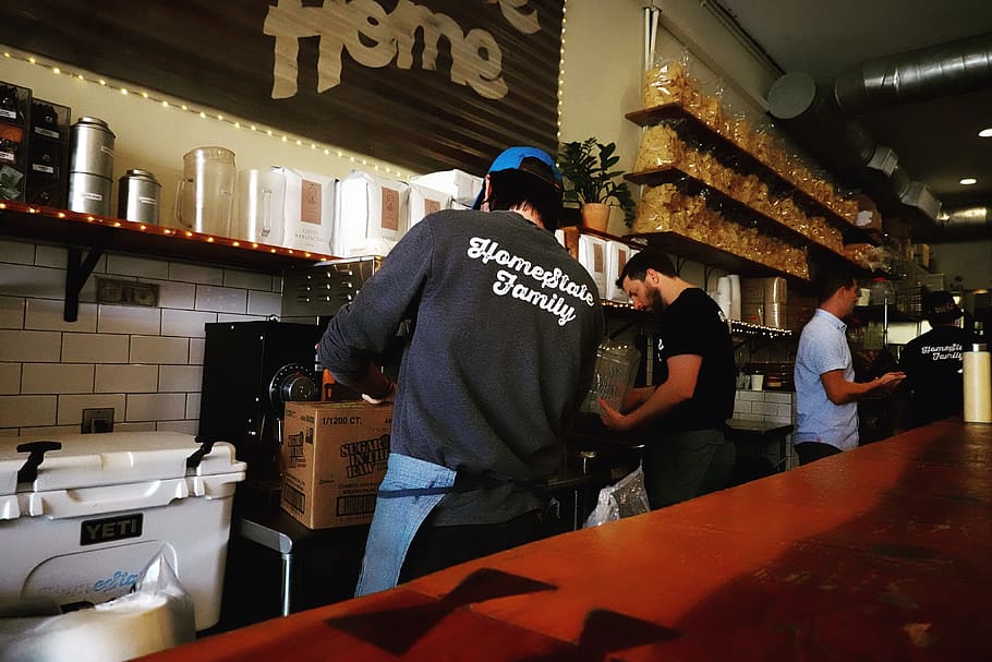 three men standing beside counter table, human, person, 8409 sunset blvd HD wallpaper