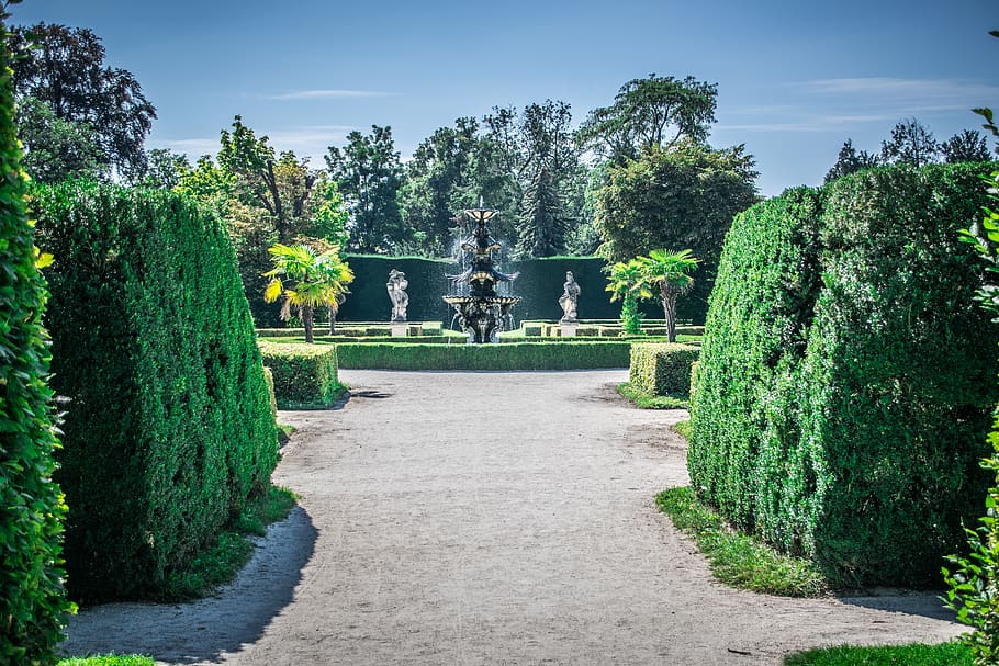 park, castle, architecture, historically, fountain, plant, tree HD wallpaper