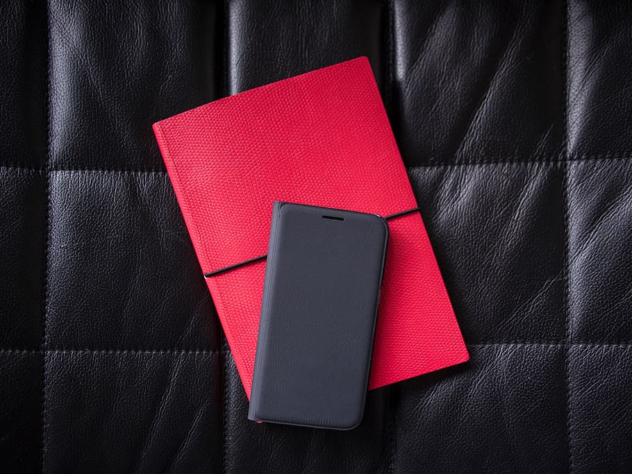 black, leather, phone, case, notebook, red, diary, letter, technology HD wallpaper