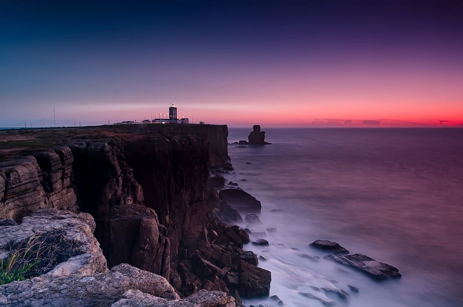 Scenic View Of Ocean Near Cliffs During Dawn, blur, cliffside, HD wallpaper