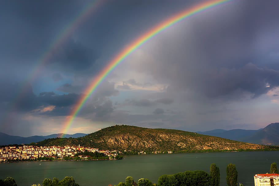 rainbow, kastoria, lake, nature, water, flying, angel, down, HD wallpaper
