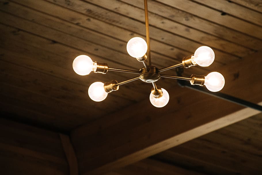 Lighted Brass Chandelier, abstract, architecture, art, bulb, ceiling HD wallpaper