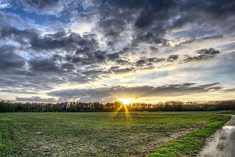 sunset, sky, clouds, field, meadow, landscape, mood, abendstimmung HD wallpaper