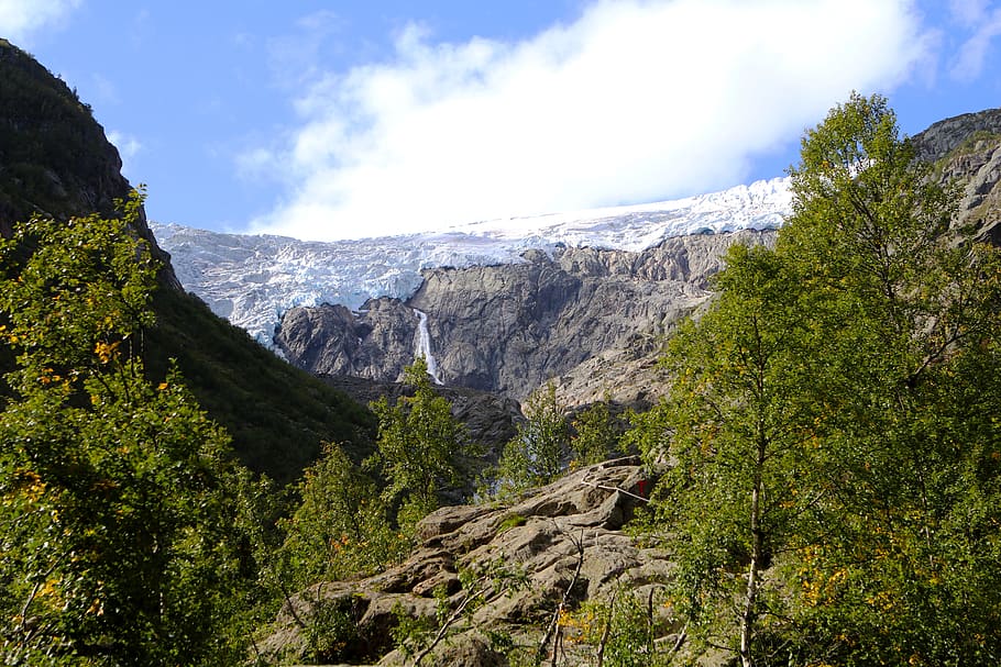 glacier, mountains, trees, snow, sky, beauty in nature, scenics - nature HD wallpaper