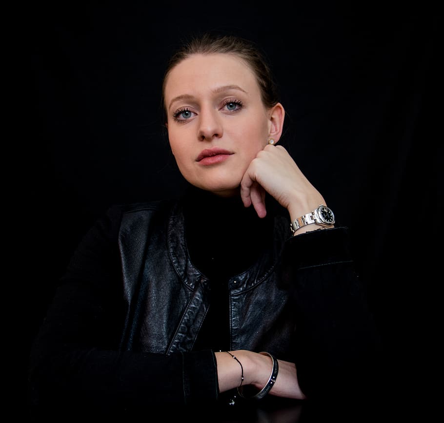 eye, jacket, leather jacket, watch, woman, studio, portrait HD wallpaper