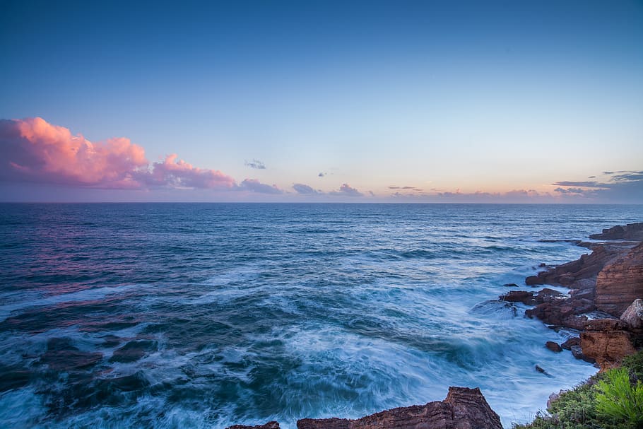 ocean, sea, waves, horizon, landscape, sky, clouds, sunset HD wallpaper