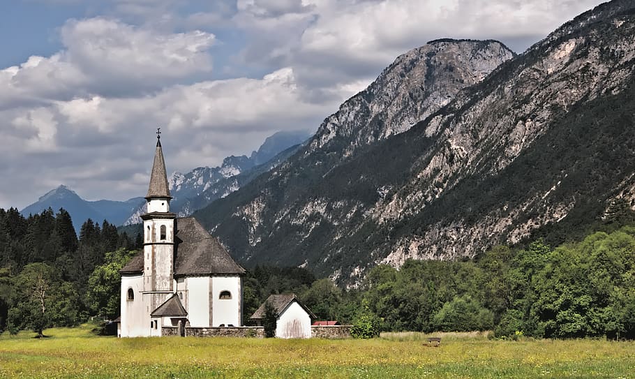 landscape, the alps, mountains, view, church, alpine, nature HD wallpaper