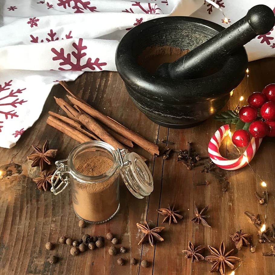 spice, allspice, anise, cinnamon, cane walking stick, mortar HD wallpaper
