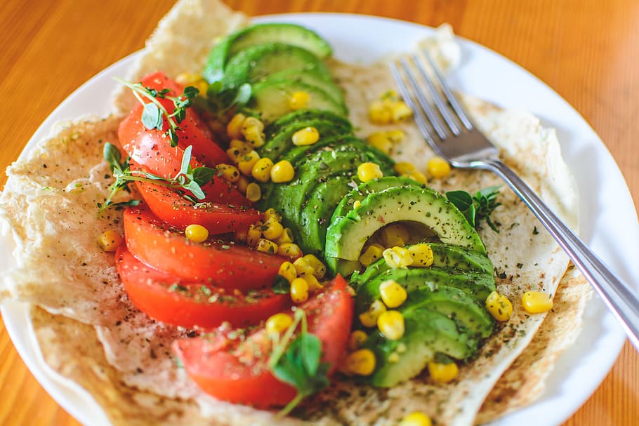 Sliced Tomato and Avocado on White Plate, basil, close-up, corn HD wallpaper