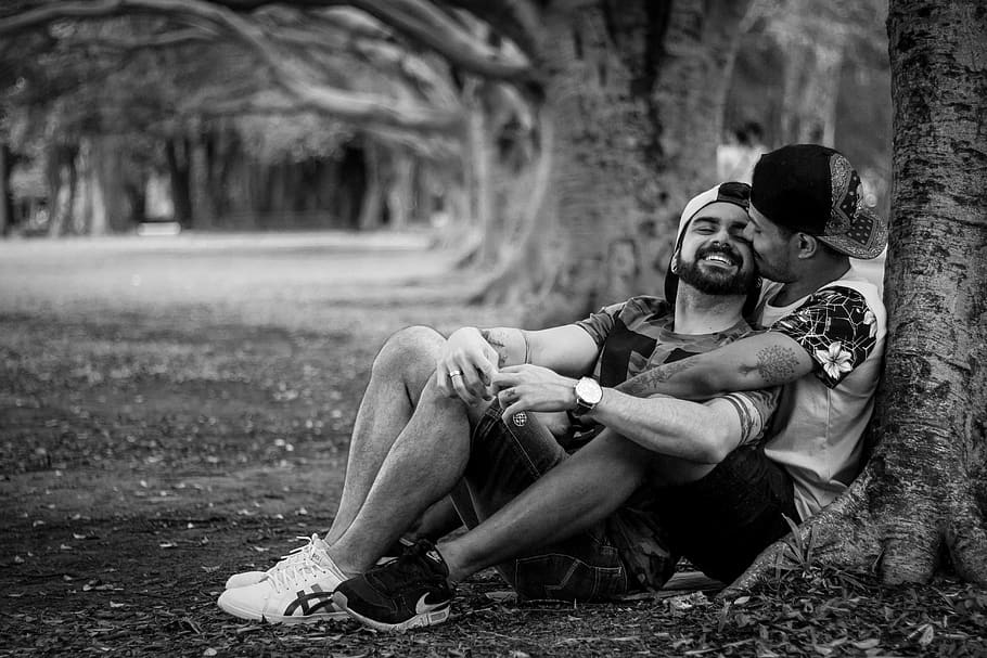 Two Men Under Tree, adult, black and white, couple, enjoyment