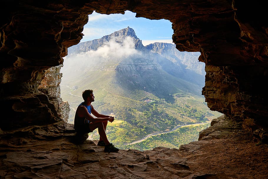 Photo of Man Sitting on a Cave , adventure, climb, daylight, guy HD wallpaper