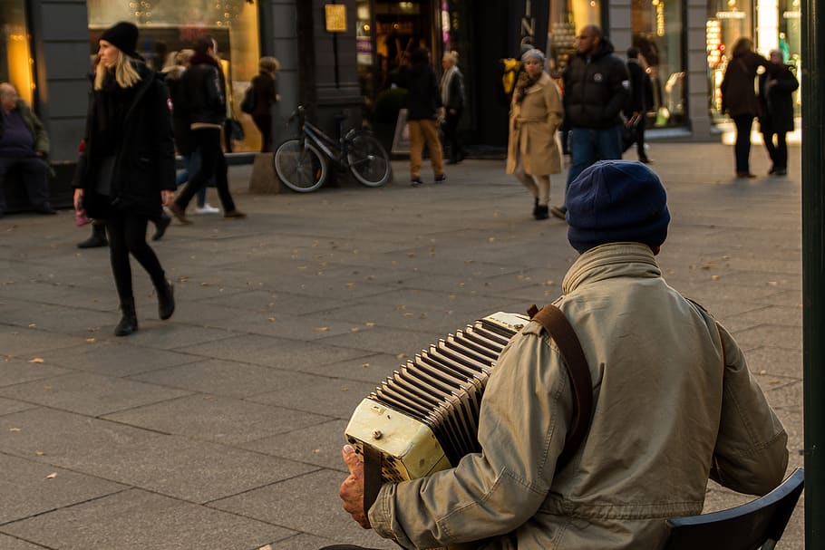 norway, oslo, street, people, walking, accordion, street musician, HD wallpaper