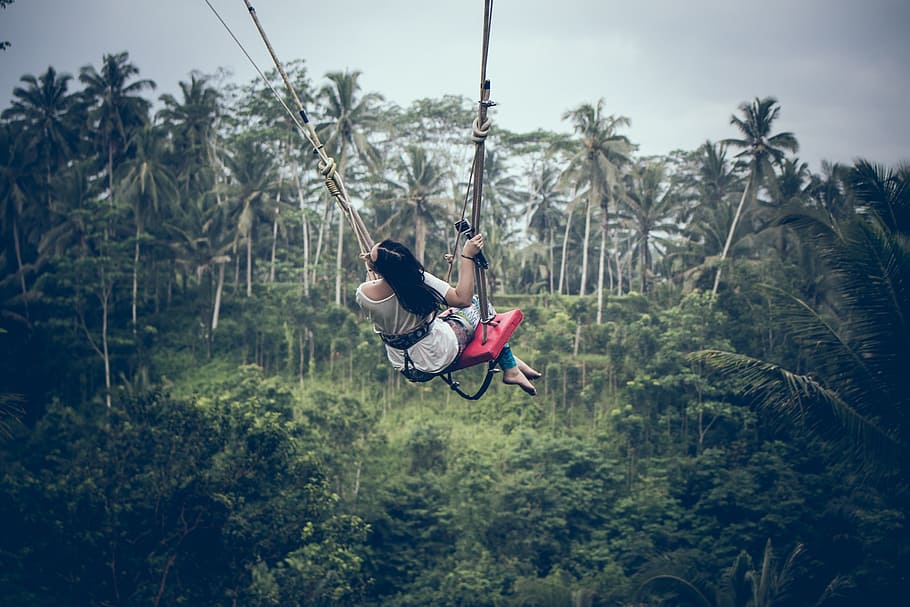 Black Haired Woman Riding a Swing, adrenaline, adult, adventure