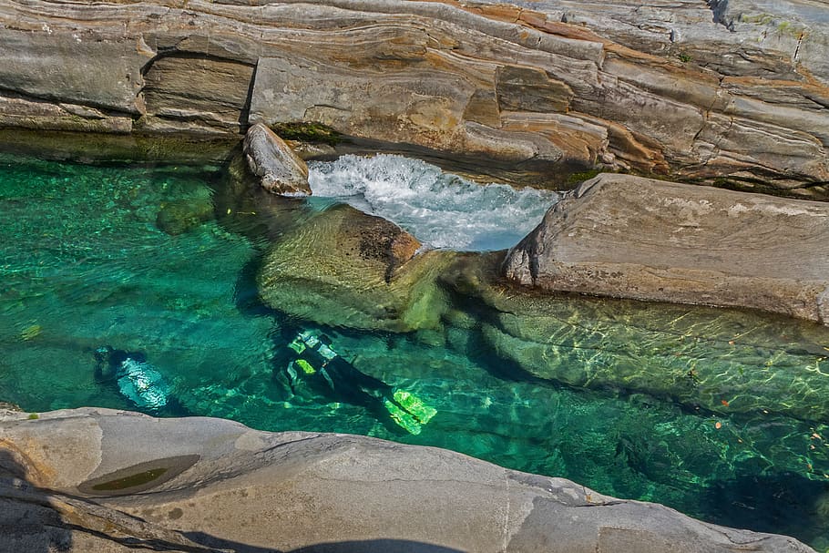 water, river, divers, rock, verzasca, solid, rock - object HD wallpaper
