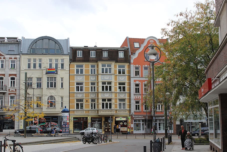 road, facade, architecture, downtown, rostock, cityscape, building exterior HD wallpaper