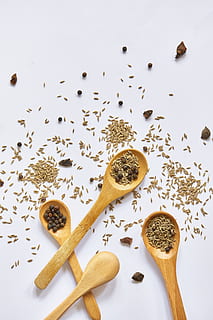 four brown spoons, cutlery, plant, food, produce, bird, animal HD wallpaper
