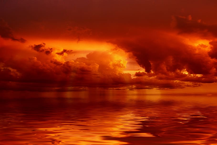 sunset, clouds, sea, sky, landscape, evening, dusk, orange HD wallpaper