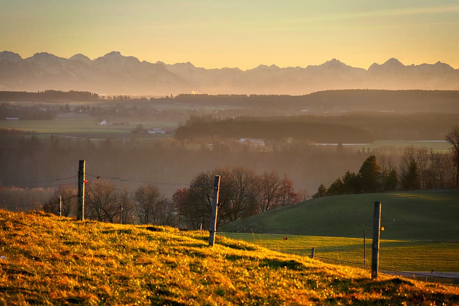 sunset, alpine, landscape, nature, mountains, sky, panorama HD wallpaper