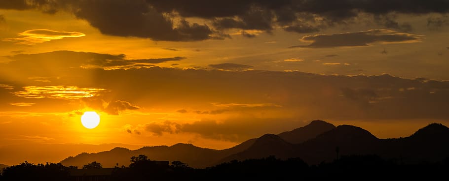 nature, landscape, trees, cloudy, silhouette, sun, sunset, mountains HD wallpaper
