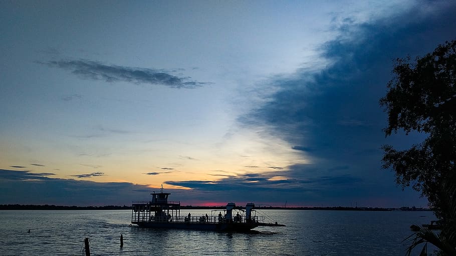boat, ferry, vietnam, travel, sunset, cloud, sky, river, western HD wallpaper
