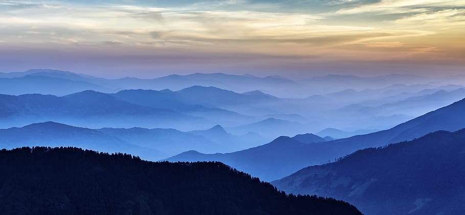 mountain, highland, landscape, view, nature, fog, blue, sky HD wallpaper