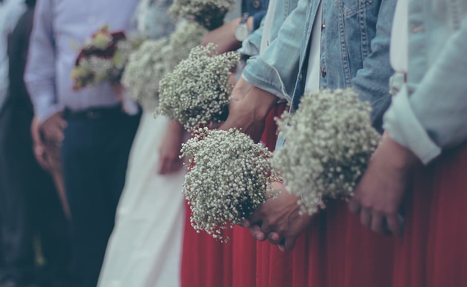 people, standing, wedding, bride, groom, woman, hand, flowers HD wallpaper