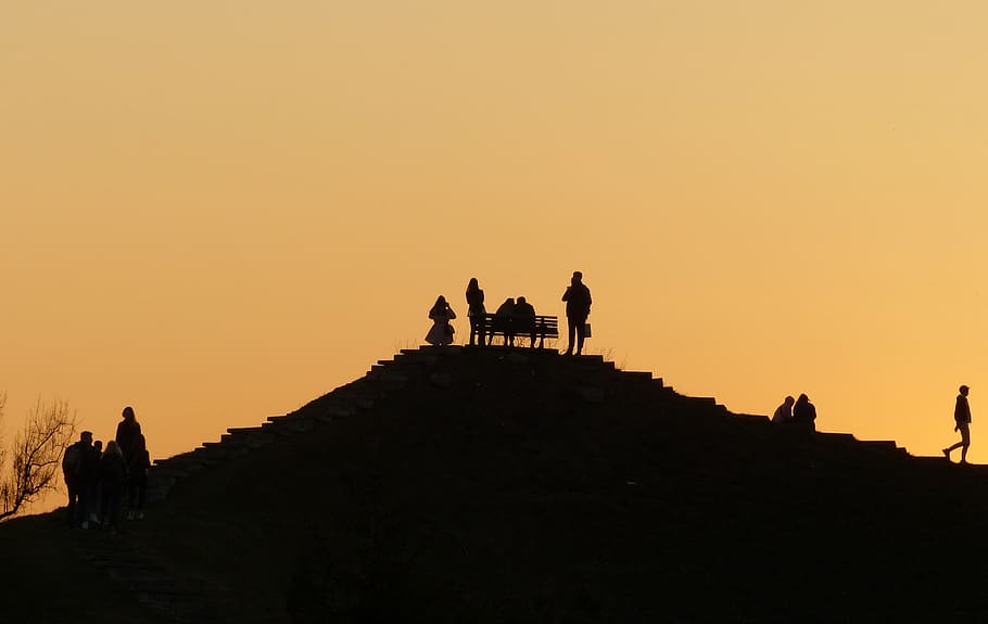 sunset, sky, people, silhouette, evening, botanical garden HD wallpaper