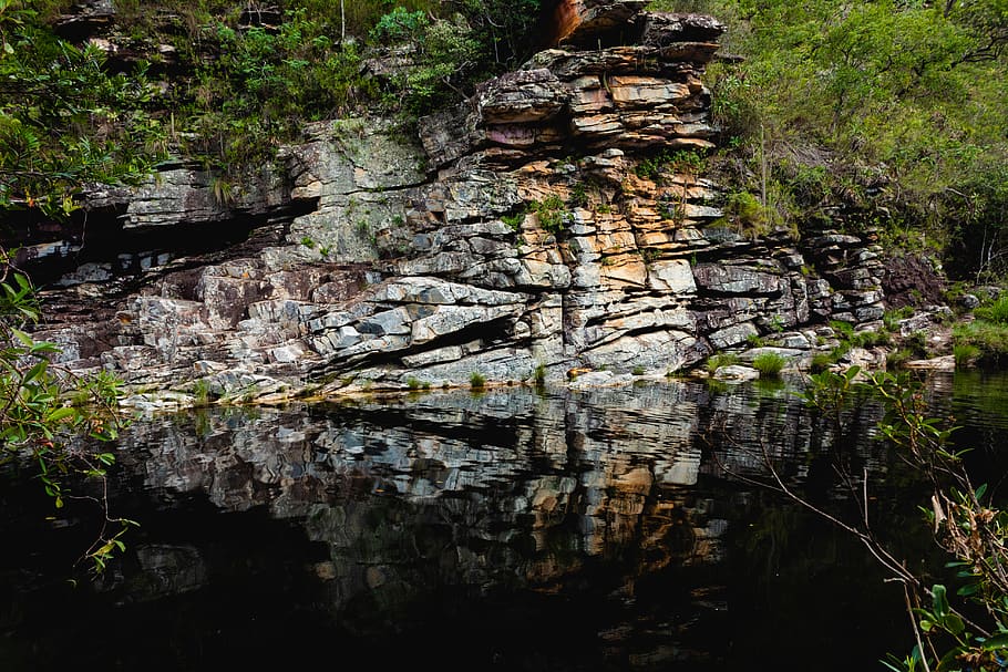 rock formation near trees, nature, water, outdoors, cliff, river HD wallpaper