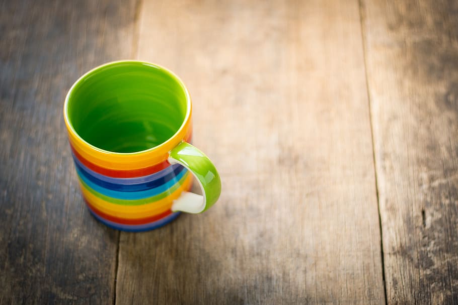 Multicolored Ceramic Mug, brown, close-up, cup, empty, rainbow HD wallpaper