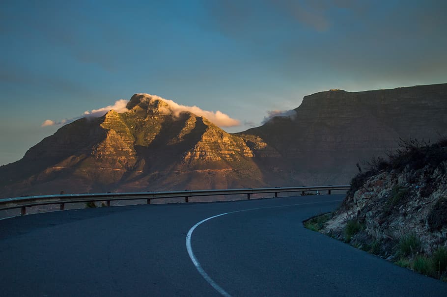 Asphalt Concrete, clouds, curve, daylight, grass, landscape, mountain peak HD wallpaper
