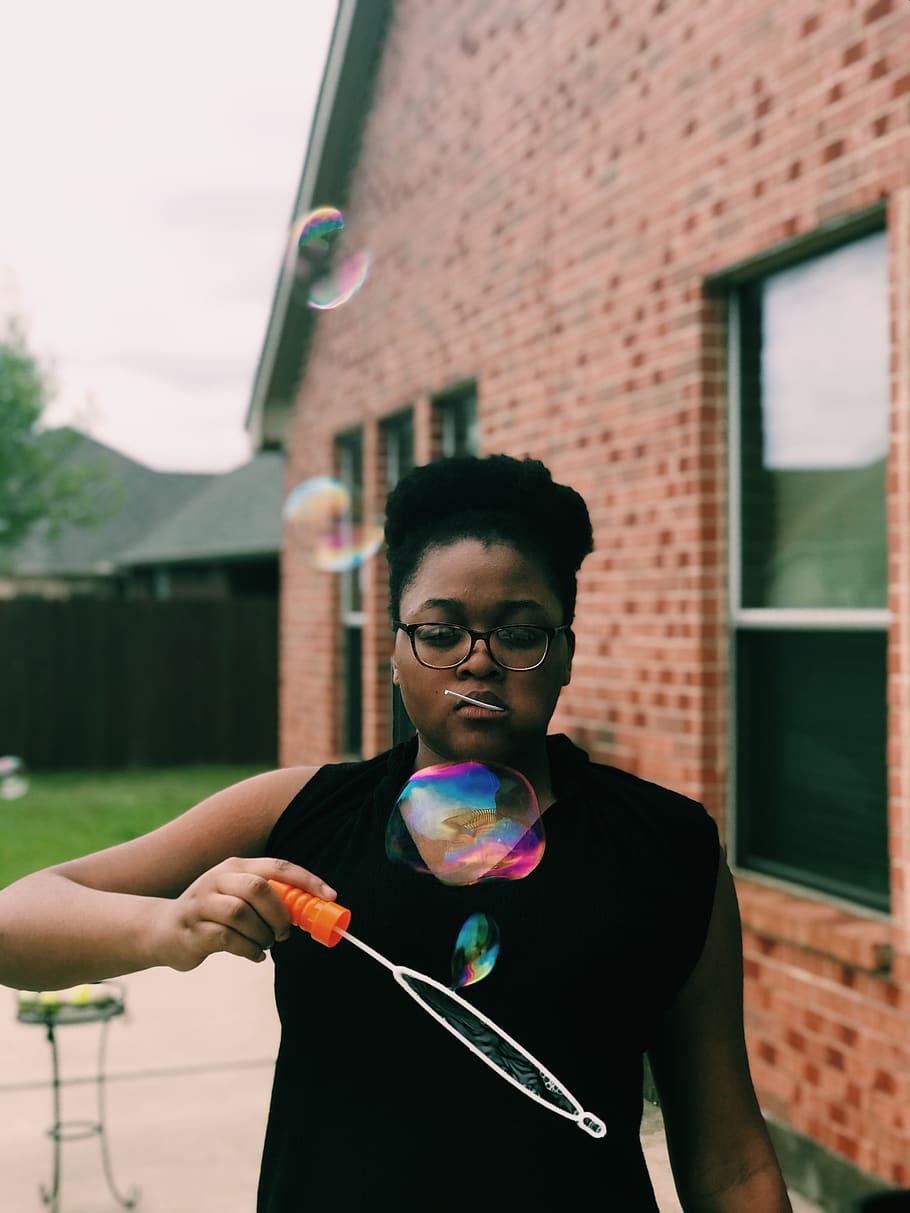 bubble, bubbles, colored, nature, outside, girl, glasses, real people HD wallpaper