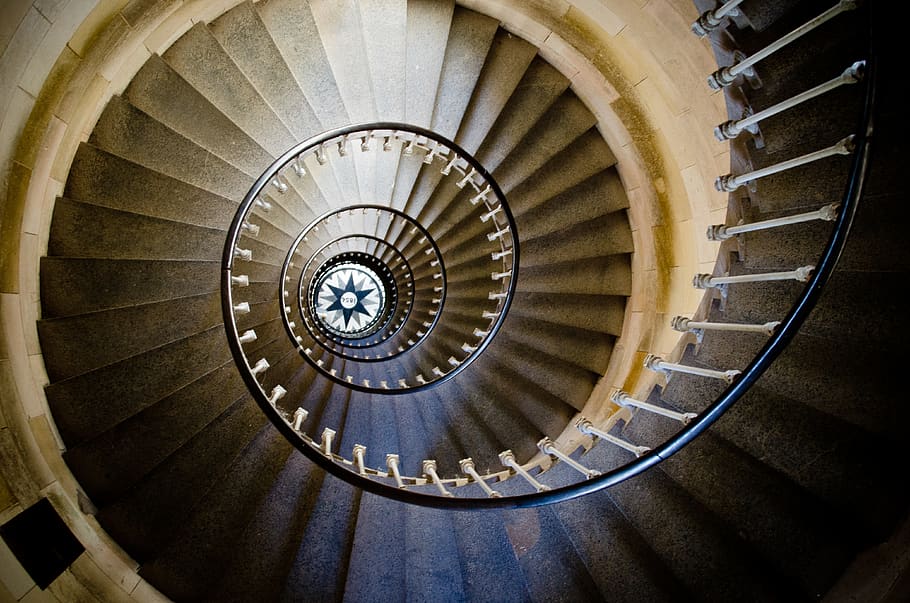 spiral stairs, steps and staircases, spiral staircase, railing HD wallpaper