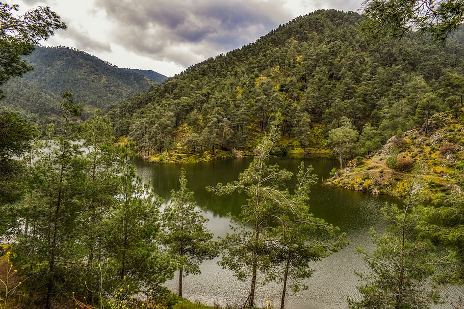 lake, mountains, trees, nature, landscape, water, sky, clouds HD wallpaper