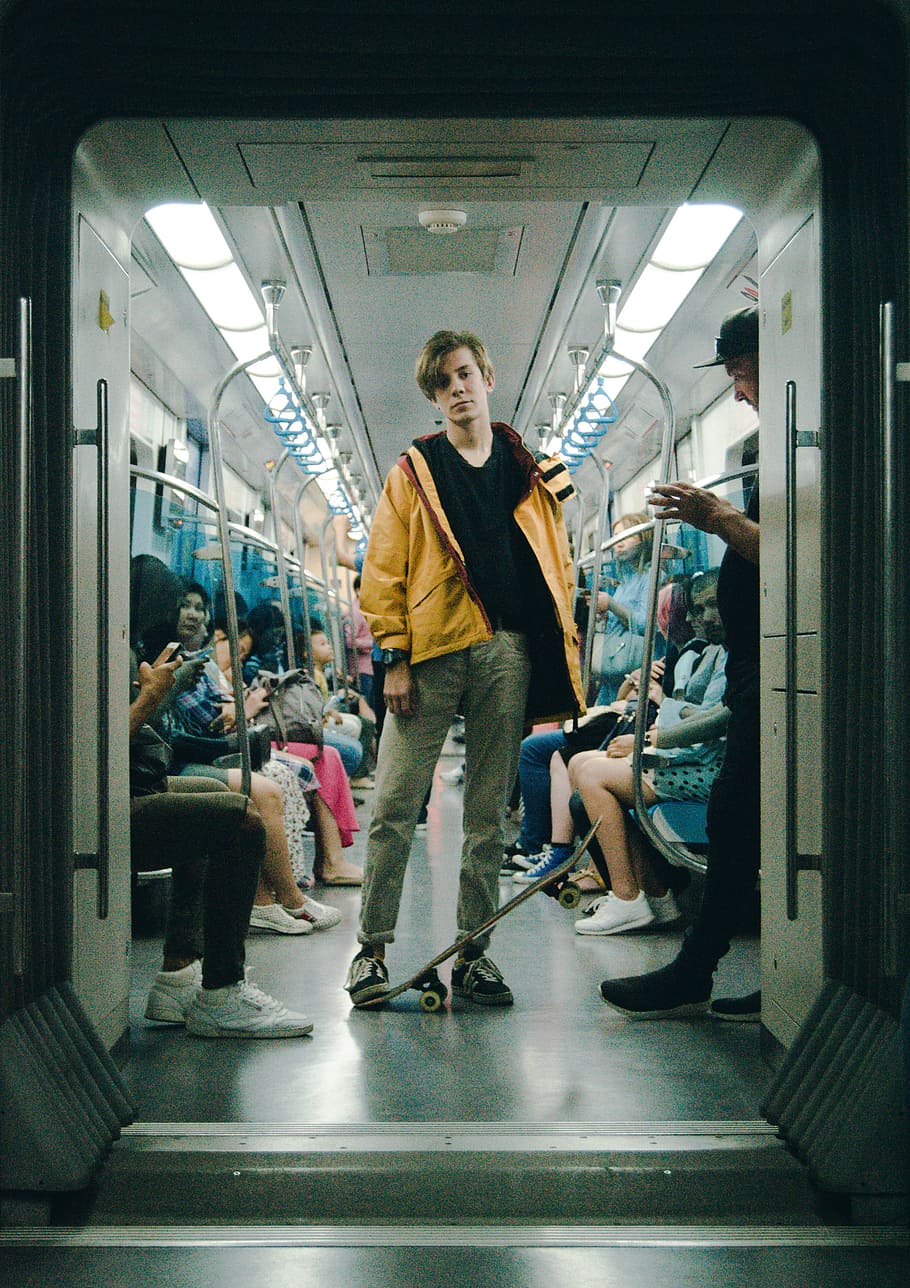 man wearing gray pants inside train, skater, urban, person, portrait, HD wallpaper