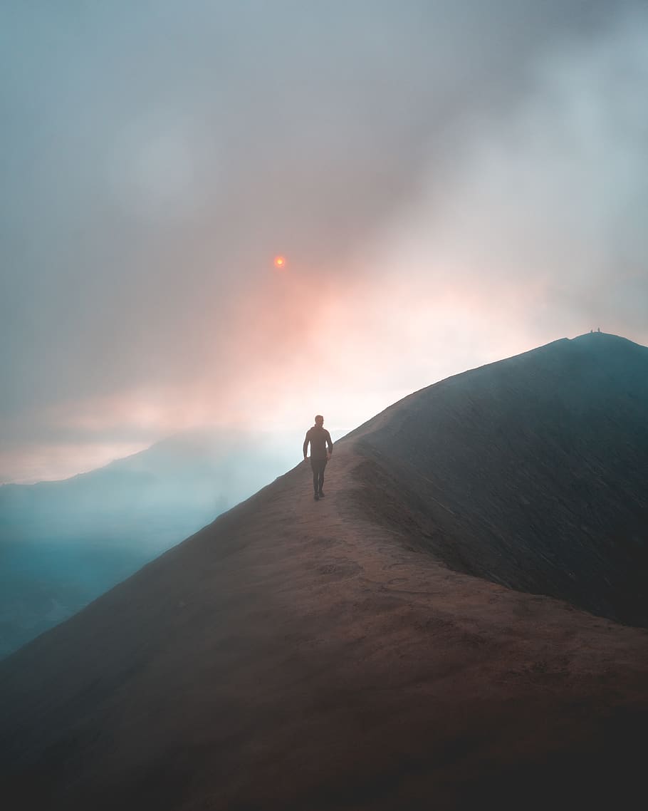 man walking on hill, sky, beauty in nature, real people, scenics - nature HD wallpaper