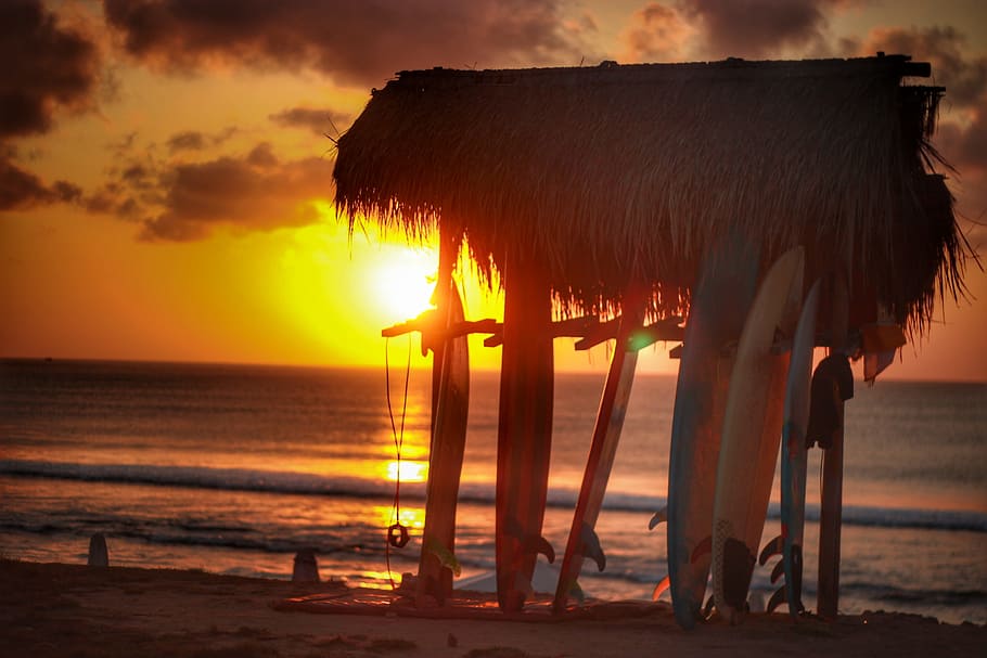 surfboards near shore, hut, sun, sunshine, cloud, horizon, beach HD wallpaper