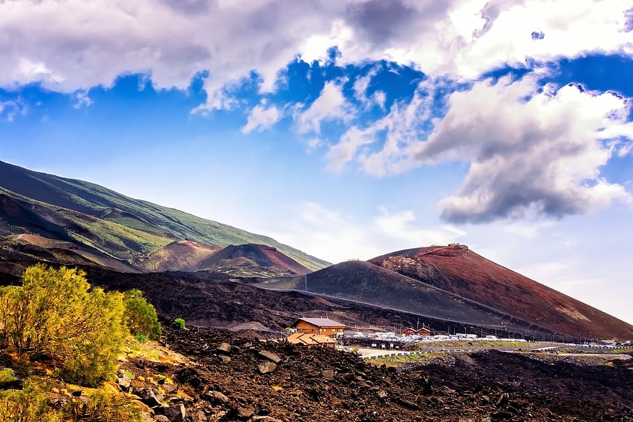 volcano, mountain, lava, etna, sicily, italy, catania, clouds, HD wallpaper