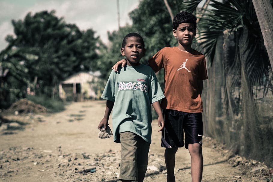 two boy walking on footpath, men, males, togetherness, child HD wallpaper