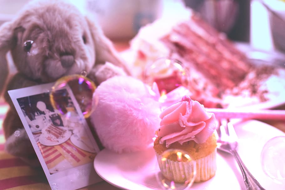 toy, fluffy, pink, cake, cupcake, muffin, polaroid, sweet, breakfast HD wallpaper