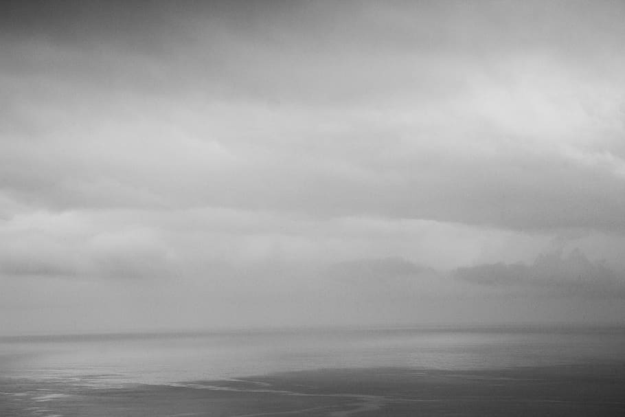 sea, sky, clouds, winter, landscape, black and white, seaside HD wallpaper