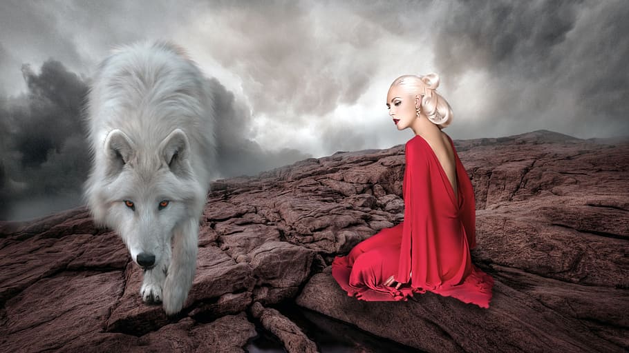 wolf, chaperone, animal, wild, sky, cloud, beast, woman, red HD wallpaper