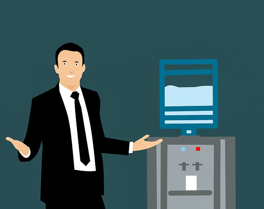 Illustration of business man by the water cooler., system, clean