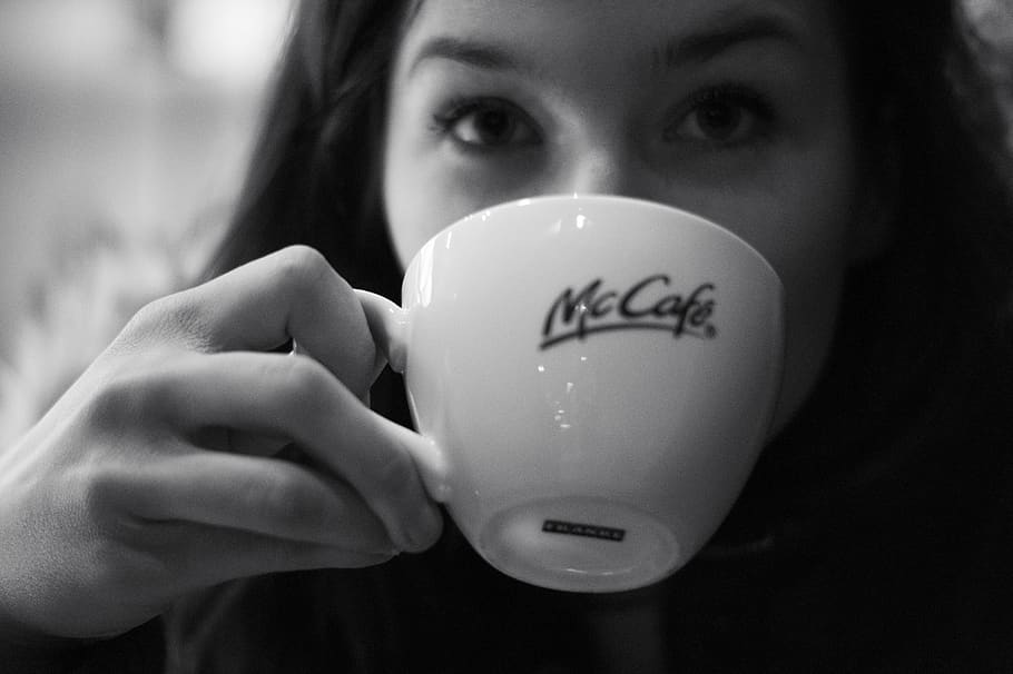 Grayscale Photography of Woman Drinking Coffee, black and white, HD wallpaper