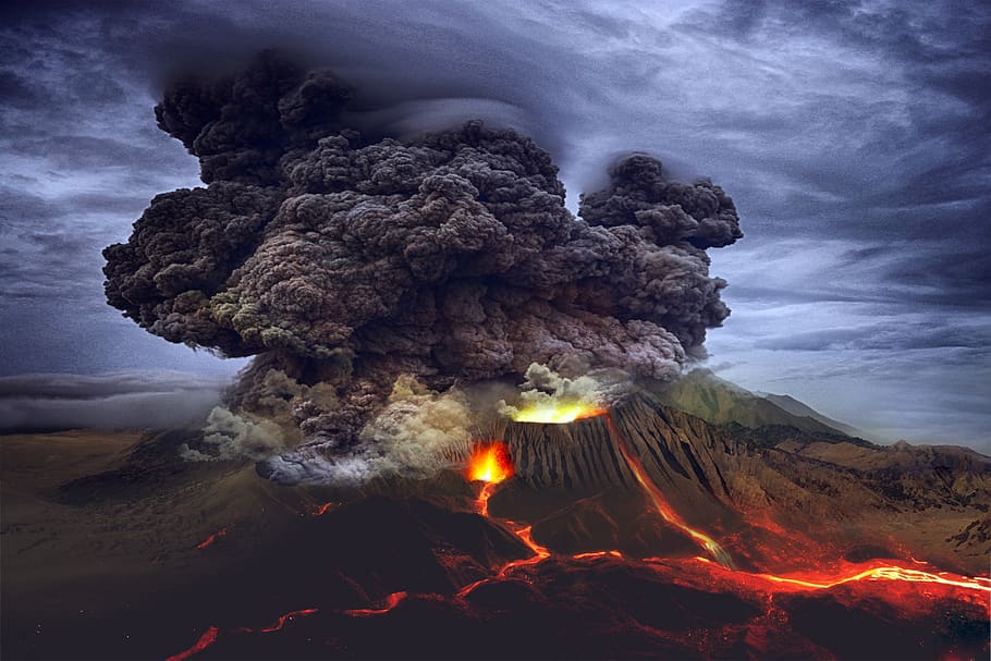 landscape, volcano, eruption, lava, mountain, smoke, geology, HD wallpaper