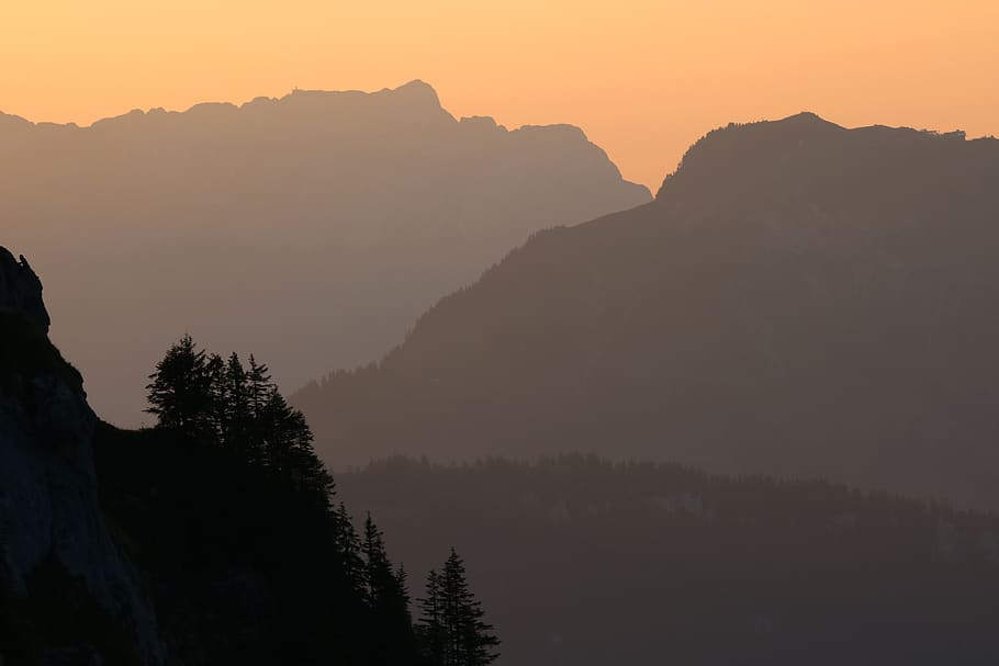 sunset, evening, mountains, landscape, dusk, sky, evening sky HD wallpaper