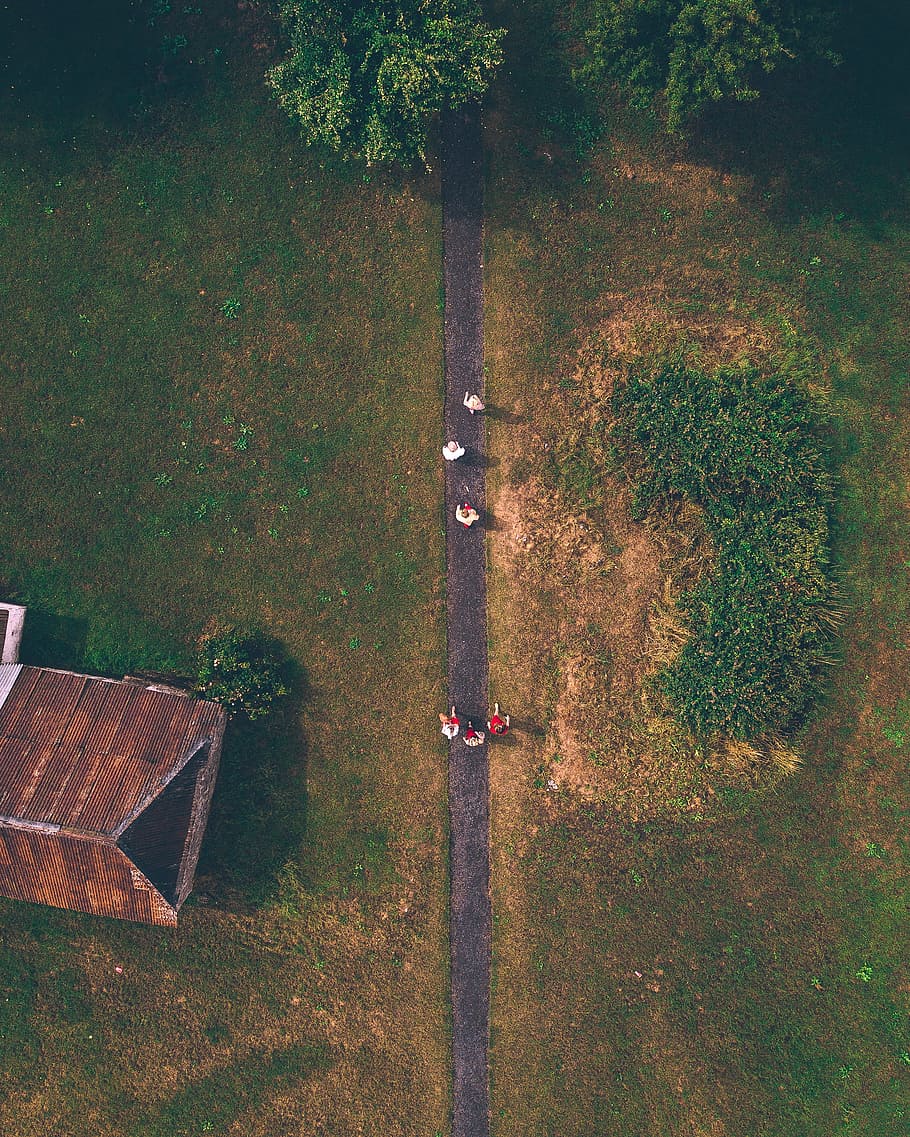six people walking on road near brown house, path, topdown, green HD wallpaper