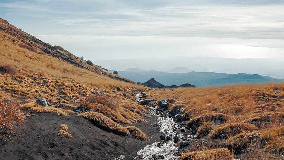 volcano, black, sand, rocks, autumn, steppa, mountains, fog HD wallpaper