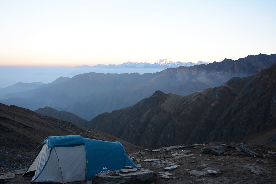 india, chamoli, trisul, mountain, tent, camping, mountain range HD wallpaper