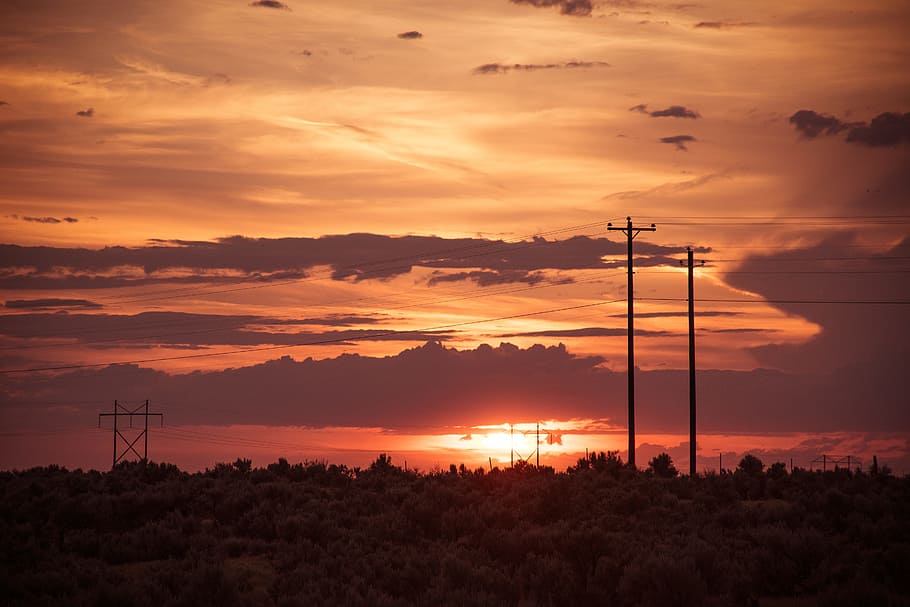 Orange Sunset, clouds, dark, dusk, electricity, electricity poles HD wallpaper